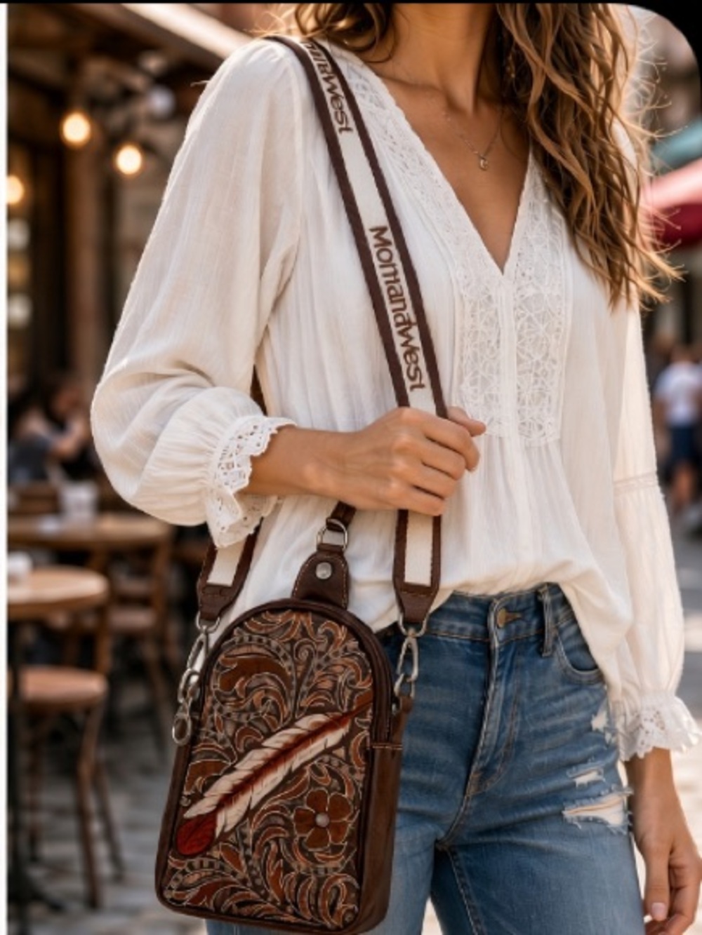 Montana West Embroidered Feather Cut-Out Floral Sling Bag NWT